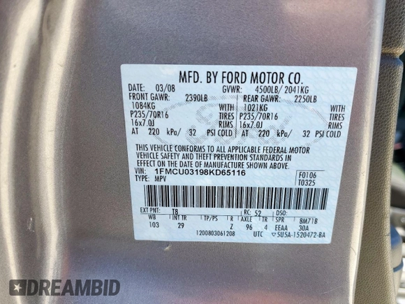 2008 Ford Escape XLT with VIN 1FMCU03198KD65116, listed as a Copart auction lot 52130965 with 214,295 mi miles and Salvage title. Bid and sale history available at DreamBid. Image 13.