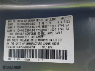 2007 Honda CR-V EX with VIN JHLRE48567C084594, listed as a IAAI auction lot 41392646 with 143,786 mi miles. Bid and sale history available at carsss.com. Image 9.