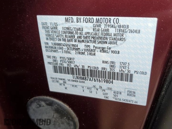 2006 Lincoln LS Sport with VIN 1LNHM87A76Y619804, listed as a Copart auction lot 85872904 with 179,199 mi miles and Salvage Title. Bid and sale history available at DreamBid. Image 12.