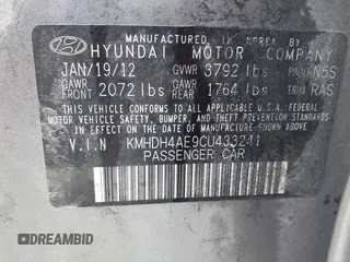 2012 Hyundai Elantra Limited with VIN KMHDH4AE9CU433241, listed as a IAAI auction lot 41834749 with 223,033 mi miles. Bid and sale history available at carsss.com. Image 9.