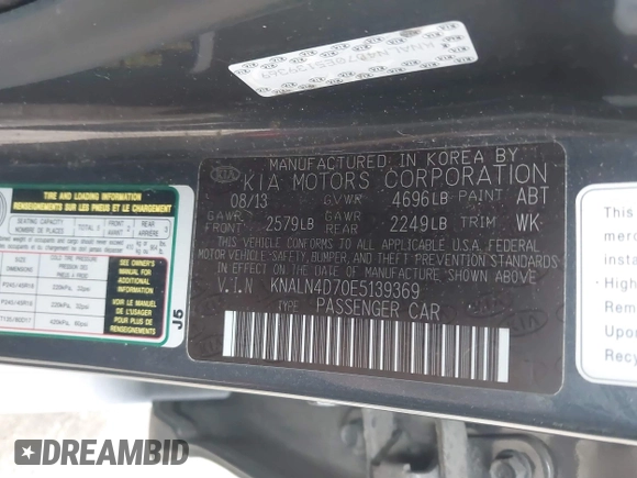2014 Kia Cadenza Premium with VIN KNALN4D70E5139369, listed as a IAAI auction lot 41416910 with 174,118 mi miles. Bid and sale history available at carsss.com. Image 9.