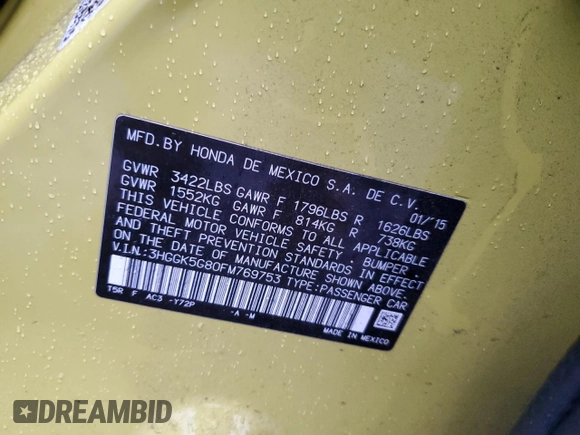 2015 Honda Fit EX with VIN 3HGGK5G80FM769753, listed as a Copart auction lot 82229354 with 101,079 mi miles and Salvage title. Bid and sale history available at DreamBid. Image 13.