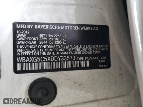 2013 BMW 5 Series 528i with VIN WBAXG5C5XDDY33573, listed as a Copart auction lot 54733925 with 161,265 mi miles and Clean Title. Bid and sale history available at DreamBid. Image 12.