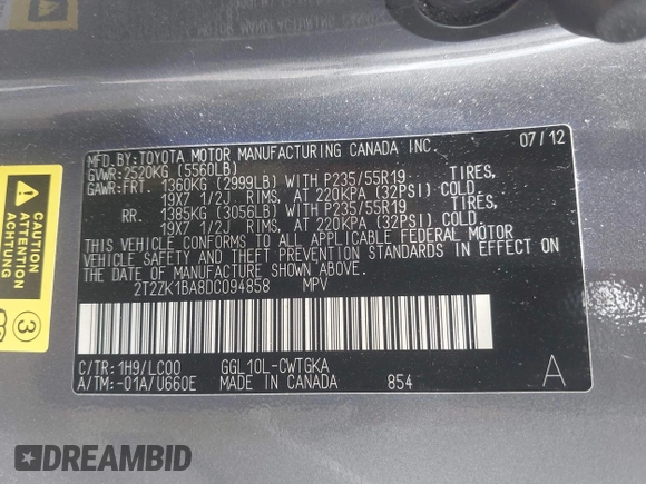 2013 Lexus RX 350 with VIN 2T2ZK1BA8DC094858, listed as a IAAI auction lot 42577347 with 148,344 mi miles and . Bid and sale history available at DreamBid. Image 9.