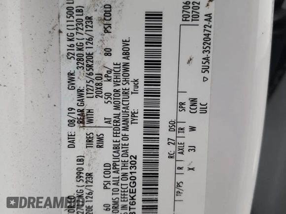 2019 Ford F-350 XL with VIN 1FT8W3BT6KEG01302, listed as a Copart auction lot 84645714 with 125,088 mi miles and Salvage title. Bid and sale history available at DreamBid. Image 13.