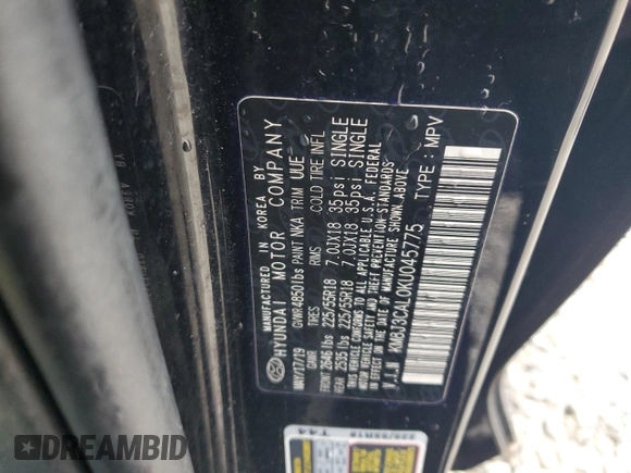 2019 Hyundai Tucson Limited с VIN KM8J3CAL0KU045775, выставлен на аукционе Copart как лот 52559475 с пробегом 20 438 миль миль и Списание • Salvage title. История ставок и продаж доступна на DreamBid. Изображение 16.