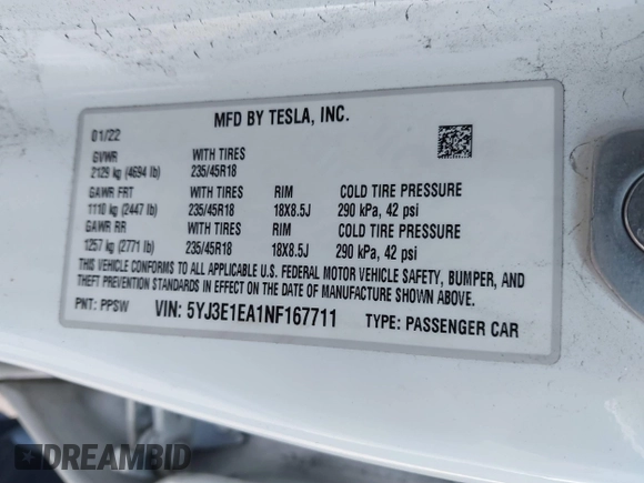 2022 Tesla Model 3 with VIN 5YJ3E1EA1NF167711, listed as a IAAI auction lot 41594266 with 50,554 mi miles and . Bid and sale history available at DreamBid. Image 9.