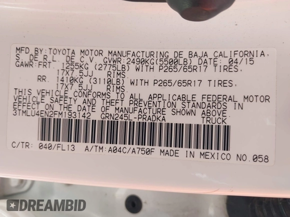 2015 Toyota Tacoma with VIN 3TMLU4EN2FM193142, listed as a IAAI auction lot 42189553 with 70,480 mi miles and . Bid and sale history available at DreamBid. Image 9.