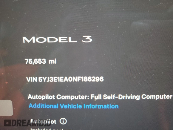 2022 Tesla Model 3 with VIN 5YJ3E1EA0NF186296, listed as a Copart auction lot 45711405 with 75,653 mi miles and Salvage Title. Bid and sale history available at DreamBid. Image 9.