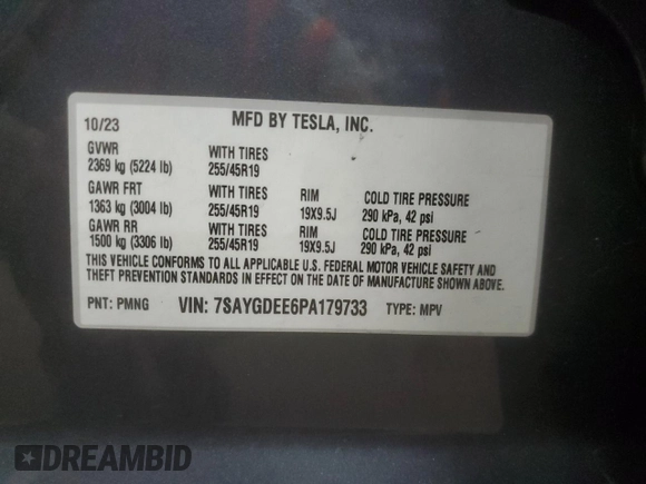 2023 Tesla Model Y Long Range z VIN 7SAYGDEE6PA179733, wystawiony jako Copart lot #58399015 z przebiegiem 45 780 mil mil oraz Szkoda całkowita • Salvage title. Historia ofert i sprzedaży dostępna na DreamBid. Obrazek 14.