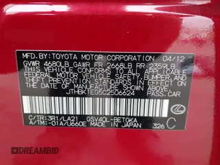 2012 Lexus ES with VIN JTHBK1EG5C2506624, listed as a IAAI auction lot 42038822 with 98,326 mi miles. Bid and sale history available at carsss.com. Image 9.