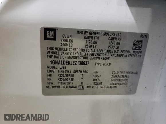 2014 Chevrolet Equinox LTZ with VIN 1GNALDEK2EZ138937, listed as a Copart auction lot 45473545 with 186,555 mi miles and Salvage Title. Bid and sale history available at carsss.com. Image 13.