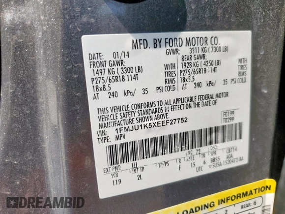 2014 Ford Expedition Limited with VIN 1FMJU1K5XEEF27752, listed as a Copart auction lot 59866835 with 160,827 mi miles and Salvage title. Bid and sale history available at DreamBid. Image 14.