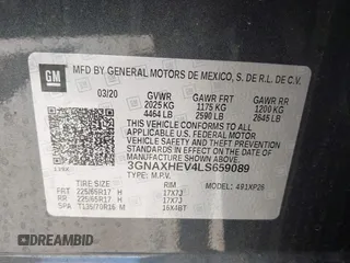 2020 Chevrolet Equinox LS with VIN 3GNAXHEV4LS659089, listed as a IAAI auction lot 42146900 with 53,552 mi miles and . Bid and sale history available at DreamBid. Image 9.