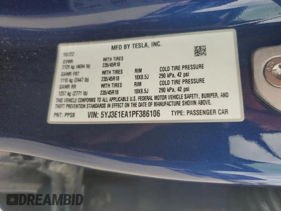 2023 Tesla Model 3 z VIN 5YJ3E1EA1PF386106, wystawiony jako Copart lot #53669285 z przebiegiem 20 579 mil mil oraz Szkoda całkowita • Salvage title. Historia ofert i sprzedaży dostępna na DreamBid. Obrazek 12.