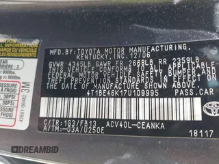 2007 Toyota Camry CE z VIN 4T1BE46K17U109995, wystawiony jako IAAI lot #42473032 z przebiegiem 193 731 mil mil oraz . Historia ofert i sprzedaży dostępna na DreamBid. Obrazek 9.