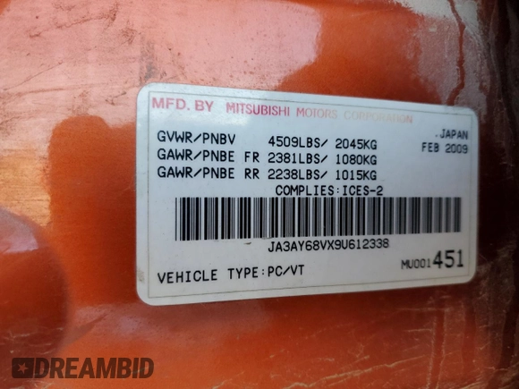 2009 Mitsubishi Lancer with VIN JA3AY68VX9U612338, listed as a Copart auction lot 83156914 with 249,338 mi miles and Salvage Title. Bid and sale history available at DreamBid. Image 13.
