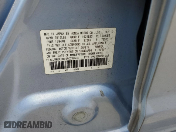 2010 Honda Fit Sport with VIN JHMGE8H64AC032634, listed as a Copart auction lot 61795825 with 143,593 mi miles and Salvage title. Bid and sale history available at DreamBid. Image 13.