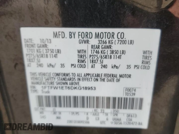 2013 Ford F-150 XL with VIN 1FTFW1ET6DKG18953, listed as a Copart auction lot 59873935 with Not provided miles and Salvage title. Bid and sale history available at DreamBid. Image 12.