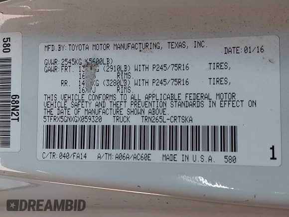 2016 Toyota Tacoma SR with VIN 5TFRX5GNXGX059320, listed as a IAAI auction lot 42084520 with 249,234 mi miles and . Bid and sale history available at DreamBid. Image 9.
