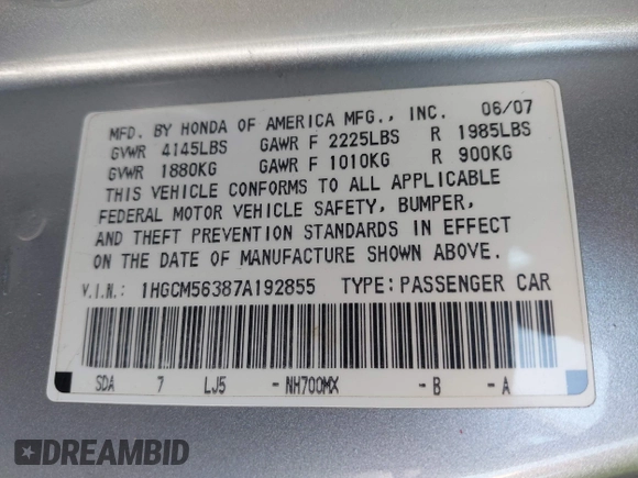 2007 Honda Accord LX SE с VIN 1HGCM56387A192855, выставлен на аукционе IAAI как лот 42773321 с пробегом 143 115 миль миль и . История ставок и продаж доступна на DreamBid. Изображение 9.