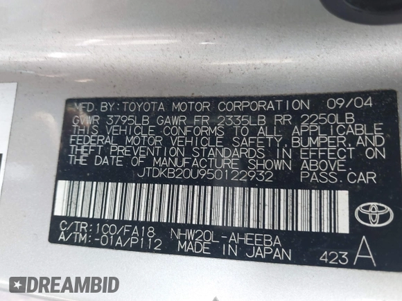2005 Toyota Prius with VIN JTDKB20U950122932, listed as a IAAI auction lot 42026279 with 153,006 mi miles. Bid and sale history available at carsss.com. Image 9.