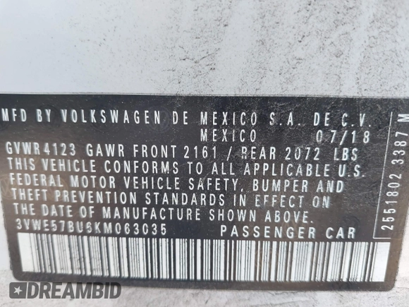 2019 Volkswagen Jetta SEL with VIN 3VWE57BU6KM063035, listed as a IAAI auction lot 42286649 with 59,914 mi miles and . Bid and sale history available at DreamBid. Image 9.
