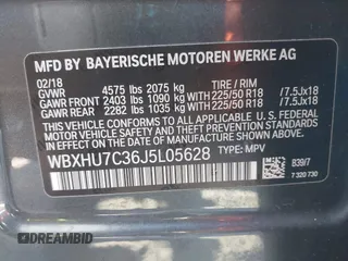 2018 BMW X1 sDrive28i with VIN WBXHU7C36J5L05628, listed as a IAAI auction lot 41708522 with 91,352 mi miles and . Bid and sale history available at DreamBid. Image 9.