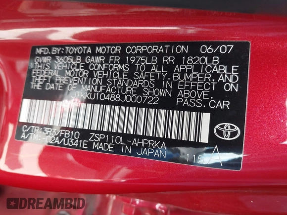 2008 Scion xD with VIN JTKKU10488J000722, listed as a IAAI auction lot 42224611 with 89,465 mi miles and . Bid and sale history available at DreamBid. Image 9.