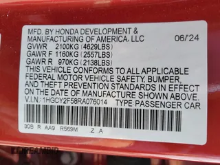 2024 Honda Accord Sport с VIN 1HGCY2F58RA076014, выставлен на аукционе Copart как лот 49226635 с пробегом 52 162 миль миль и Списание • Salvage title. История ставок и продаж доступна на DreamBid. Изображение 14.