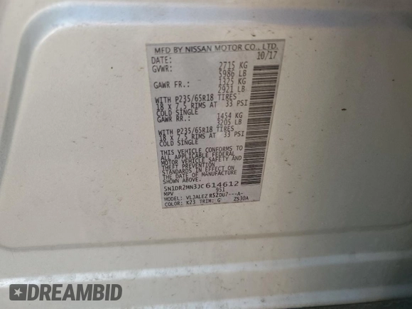 2018 Nissan Pathfinder S with VIN 5N1DR2MN3JC614612, listed as a Copart auction lot 62236595 with Not provided miles and Clean title. Bid and sale history available at DreamBid. Image 12.
