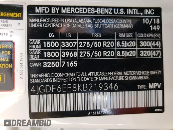 2019 Mercedes-Benz GLS 450 with VIN 4JGDF6EE8KB219346, listed as a Copart auction lot 54375644 with 64,271 mi miles and Salvage Title. Bid and sale history available at DreamBid. Image 14.