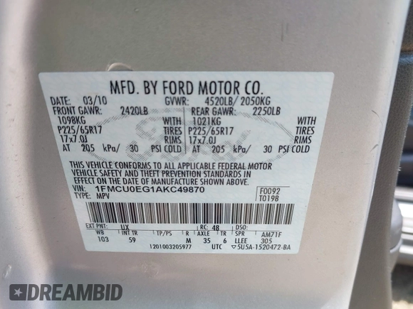 2010 Ford Escape Limited with VIN 1FMCU0EG1AKC49870, listed as a IAAI auction lot 42429997 with 177,349 mi miles and . Bid and sale history available at DreamBid. Image 9.