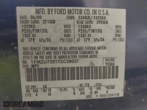 2000 Ford Explorer XLS с VIN 1FMZU72X1YZC58027, выставлен на аукционе IAAI как лот 42529915 с пробегом 186 359 миль миль и . История ставок и продаж доступна на DreamBid. Изображение 9.