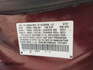 2007 Honda Odyssey EX-L with VIN 5FNRL38727B063324, listed as a IAAI auction lot 41921114 with 199,533 mi miles. Bid and sale history available at carsss.com. Image 9.