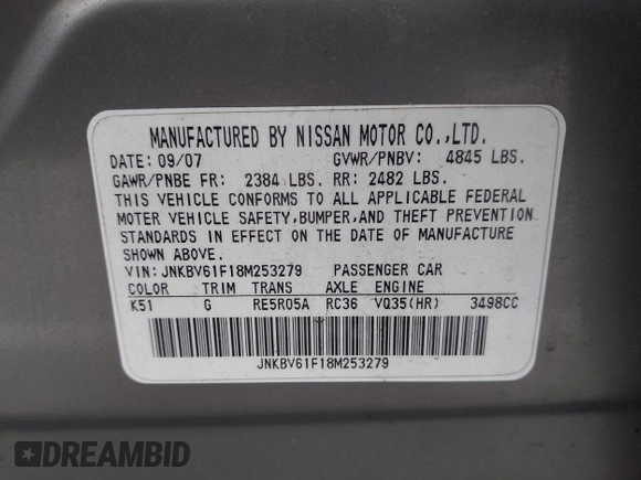 2008 Infiniti G35 x with VIN JNKBV61F18M253279, listed as a IAAI auction lot 41737288 with 219,260 mi miles. Bid and sale history available at carsss.com. Image 9.