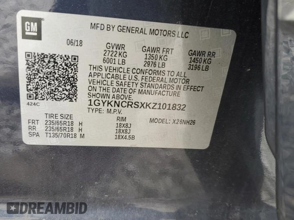 2019 Cadillac XT5 Luxury FWD with VIN 1GYKNCRSXKZ101832, listed as a Copart auction lot 54574825 with Not provided miles and Salvage title. Bid and sale history available at DreamBid. Image 14.