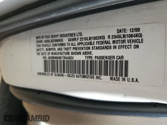 2001 Subaru Legacy Outback with VIN 4S3BH665817644524, listed as a Copart auction lot 52397335 with 187,684 mi miles and Salvage title. Bid and sale history available at DreamBid. Image 12.