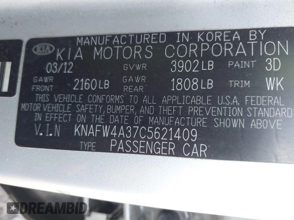 2012 Kia Forte SX with VIN KNAFW4A37C5621409, listed as a IAAI auction lot 41608698 with 202,731 mi miles. Bid and sale history available at carsss.com. Image 9.