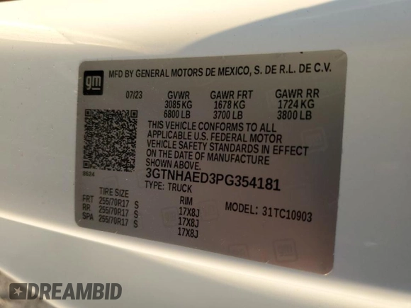 2023 GMC Sierra 1500 with VIN 3GTNHAED3PG354181, listed as a Copart auction lot 67468104 with 7,313 mi miles and Salvage Title. Bid and sale history available at DreamBid. Image 12.
