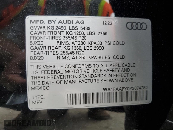 2023 Audi Q5 S line Prestige with VIN WA1FAAFY0P2074280, listed as a Copart auction lot 51370845 with 16,504 mi miles and Clean title. Bid and sale history available at DreamBid. Image 13.