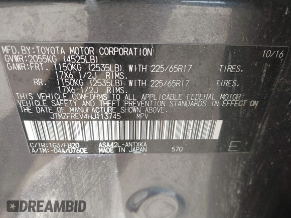 2017 Toyota RAV4 LE with VIN JTMZFREV4HJ113745, listed as a IAAI auction lot 41582326 with 186,394 mi miles and . Bid and sale history available at DreamBid. Image 9.
