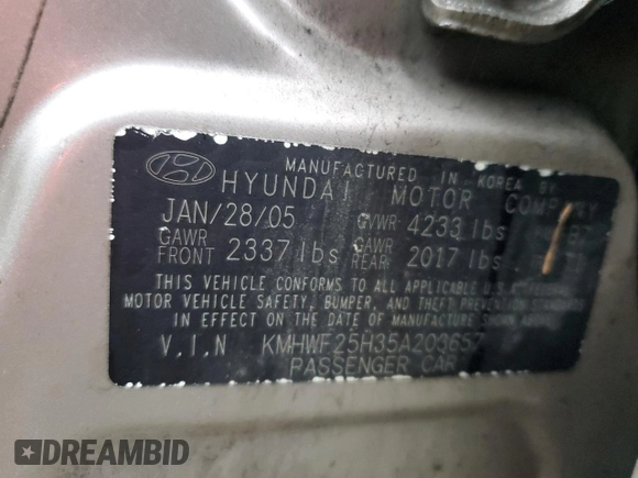 2005 Hyundai Sonata GL with VIN KMHWF25H35A203657, listed as a Copart auction lot 86774344 with 171,850 mi miles and Salvage Title. Bid and sale history available at carsss.com. Image 14.