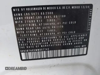 2021 Volkswagen Tiguan SE z VIN 3VV2B7AX5MM057743, wystawiony jako IAAI lot #42471192 z przebiegiem 80 133 mil mil oraz . Historia ofert i sprzedaży dostępna na DreamBid. Obrazek 9.