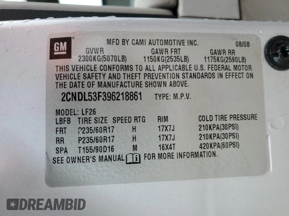 2009 Chevrolet Equinox LT w/2LT with VIN 2CNDL53F396218861, listed as a Copart auction lot 43443465 with 303,278 mi miles and Non Repairable. Bid and sale history available at carsss.com. Image 14.