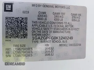 2019 Chevrolet Express Passenger LT with VIN 1GAZGPFG0K1240249, listed as a IAAI auction lot 42388617 with 109,428 mi miles and . Bid and sale history available at DreamBid. Image 9.