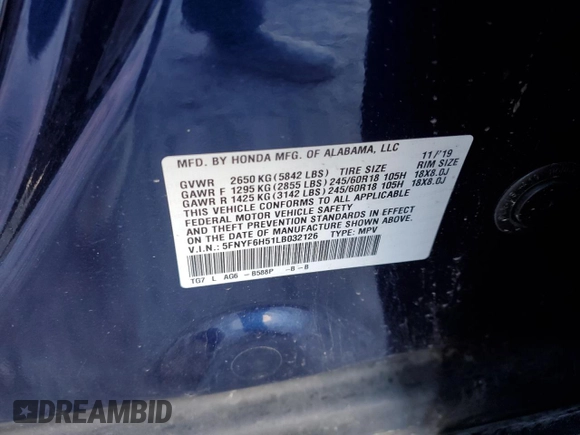2020 Honda Pilot EX-L z VIN 5FNYF6H51LB032126, wystawiony jako Copart lot #52308595 z przebiegiem 68 339 mil mil oraz Szkoda całkowita • Salvage title. Historia ofert i sprzedaży dostępna na DreamBid. Obrazek 13.