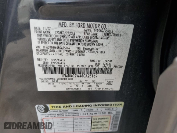 2008 Ford Taurus X SEL with VIN 1FMDK02W48GA25169, listed as a Copart auction lot 59667345 with 224,160 mi miles and Salvage title. Bid and sale history available at DreamBid. Image 14.