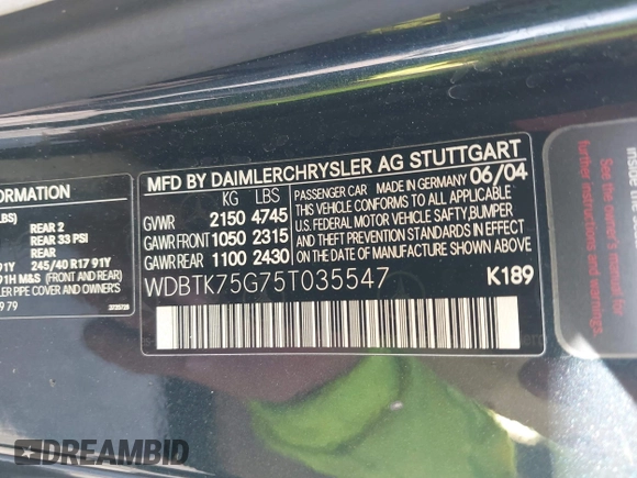 2005 Mercedes-Benz CLK 500 с VIN WDBTK75G75T035547, выставлен на аукционе IAAI как лот 42604824 с пробегом 124 025 миль миль и . История ставок и продаж доступна на DreamBid. Изображение 9.