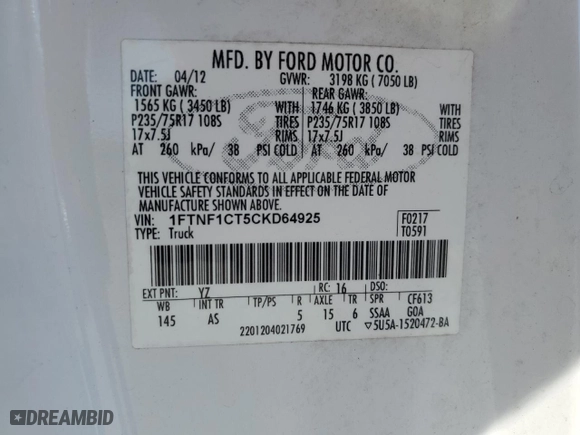 2012 Ford F-150 XL with VIN 1FTNF1CT5CKD64925, listed as a Copart auction lot 74139544 with 294,233 mi miles and Salvage Title. Bid and sale history available at carsss.com. Image 13.